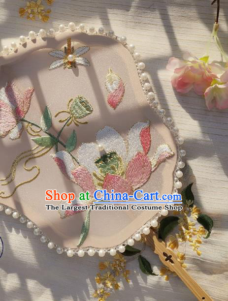 China Handmade Embroidered Lotus Dragonfly Palace Fan Classical White Silk Fan Traditional Song Dynasty Fan