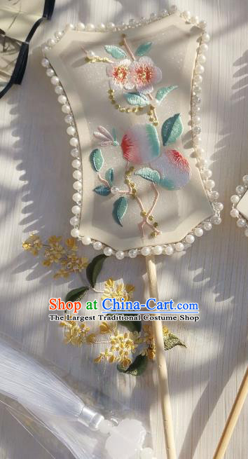 China Classical Pearls Fan Traditional Jin Dynasty Princess Silk Fan Handmade Embroidered Peach Flowers Palace Fan