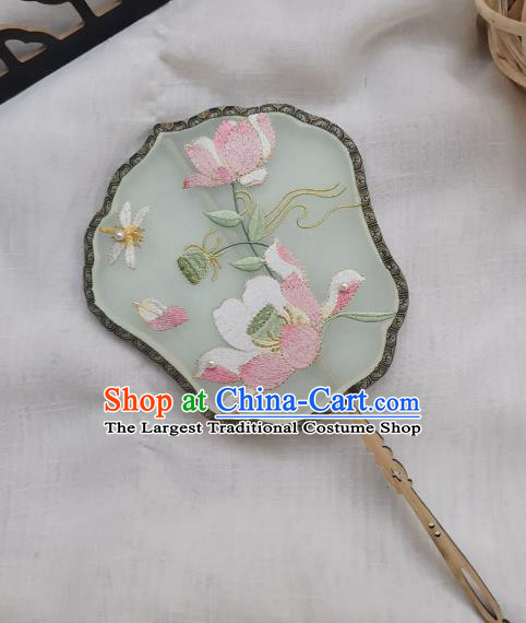 China Traditional Song Dynasty Court Fan Handmade Embroidered Lotus Palace Fan Classical Green Silk Fan