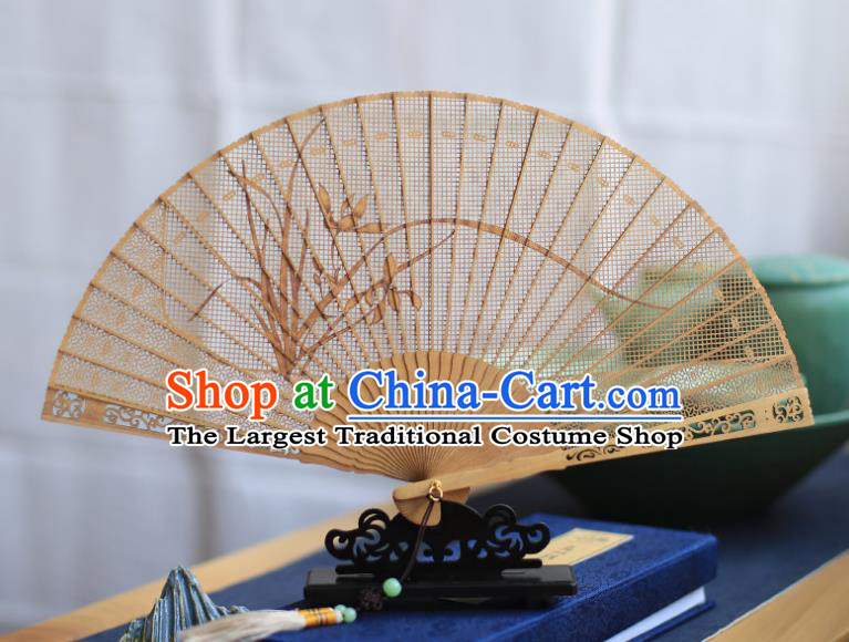 Chinese Handmade Carving Orchids Fan Hollow Sandalwood Accordion Classical Folding Fan