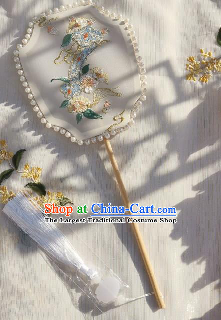 China Classical White Silk Fan Traditional Hanfu Fan Handmade Embroidered Ruyi Palace Fan