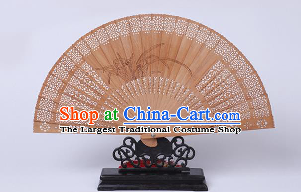 Chinese Classical Printing Orchids Folding Fan Hollow Sandalwood Accordion Handmade Fan Craft