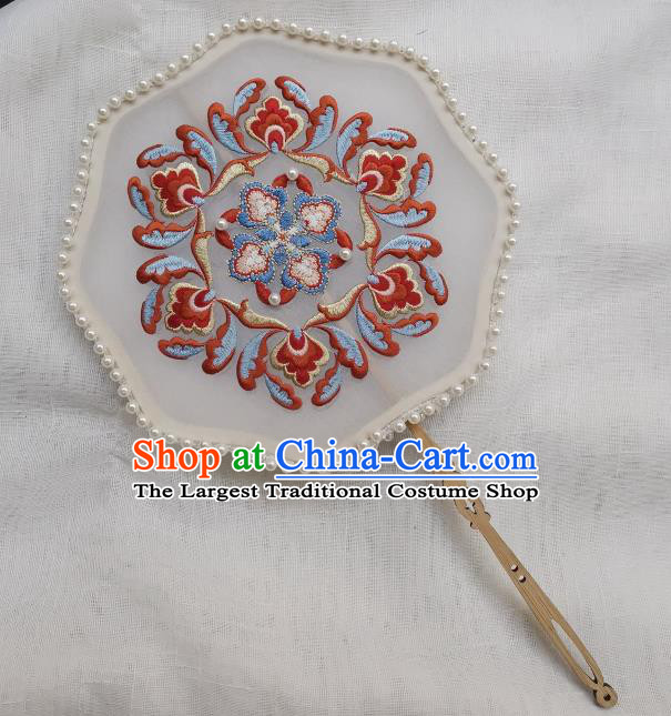 China Handmade Embroidered Palace Fan Classical Hanfu Pearls Fan Traditional Tang Dynasty Princess Silk Fan