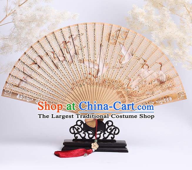 Chinese Hollow Sandalwood Accordion Handmade Fan Craft Classical Printing Cranes Folding Fan