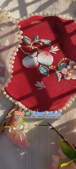 China Classical Wedding Red Silk Fan Traditional Song Dynasty Princess Fan Handmade Embroidered Peach Flowers Palace Fan