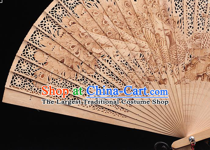 Chinese Classical Folding Fan Handmade Sandalwood Accordion Printing Peacock Fan Craft