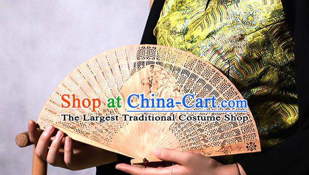 Chinese Handmade Hollow Sandalwood Accordion Classical Folding Fan Printing Crane Fan Craft
