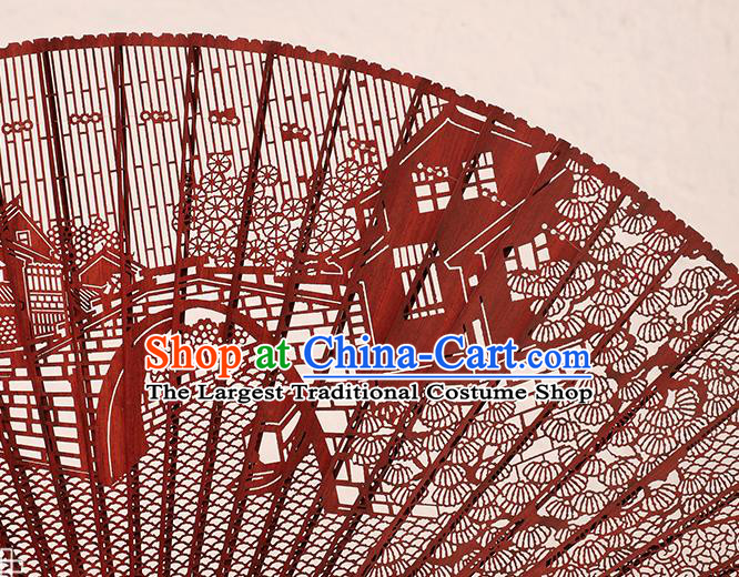Chinese Handmade Carving Jiangnan Watertown Fan Craft Hollow Sandalwood Accordion Classical Folding Fan