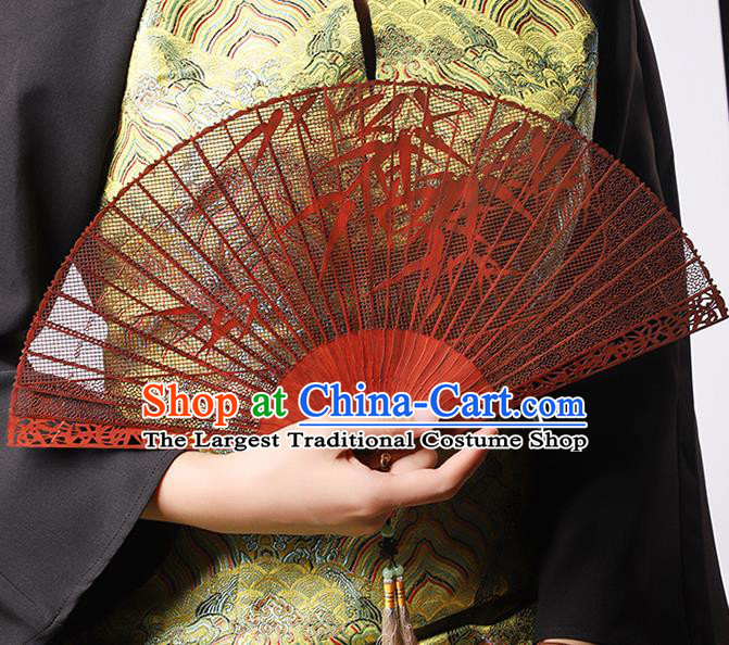 Chinese Hollow Sandalwood Accordion Classical Folding Fan Handmade Carving Bamboo Leaf Fan Craft