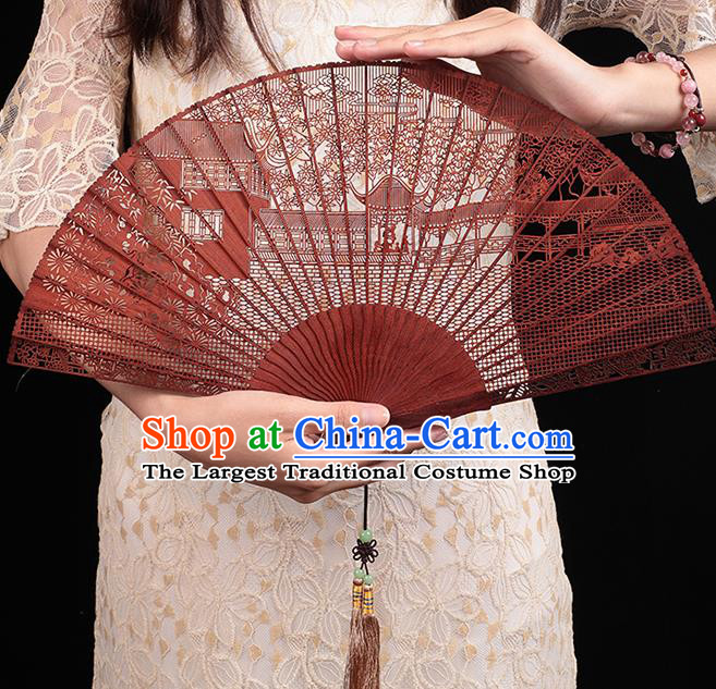 Chinese Traditional Red Sandalwood Accordion Classical Folding Fan Handmade Hollow Fan