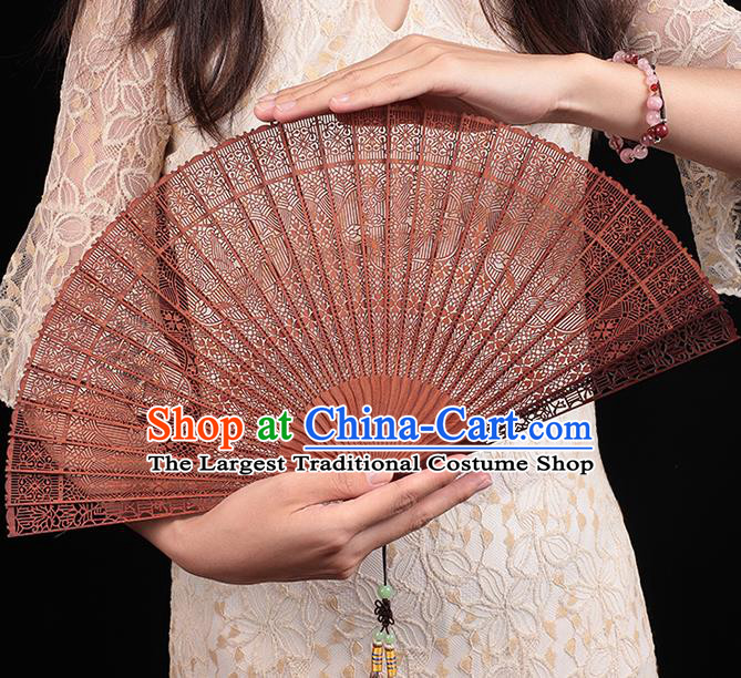 Chinese Classical Folding Fan Handmade Hollow Fan Traditional Red Sandalwood Accordion