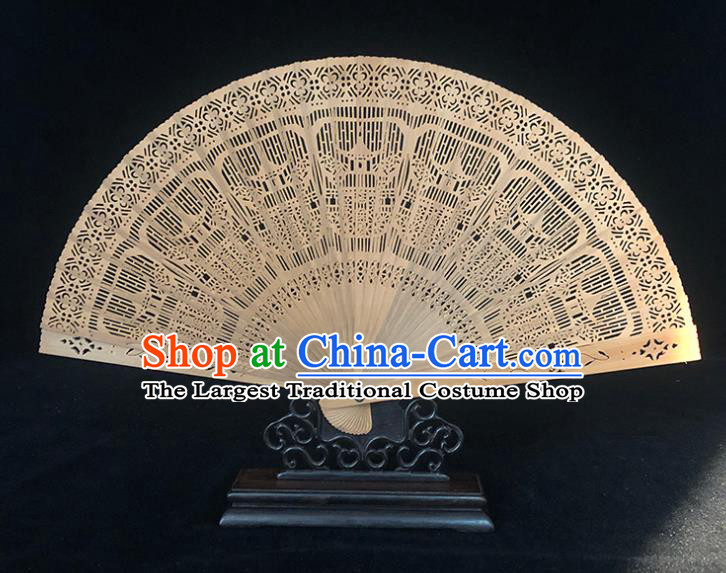 Chinese Classical Folding Fan Handmade Sandalwood Fan Traditional Carving Pavilion Accordion