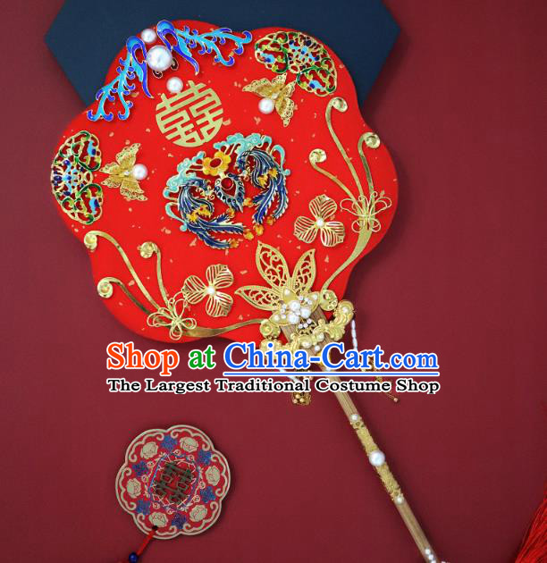 China Handmade Blueing Phoenix Palace Fan Classical Red Fan Traditional Wedding Fan