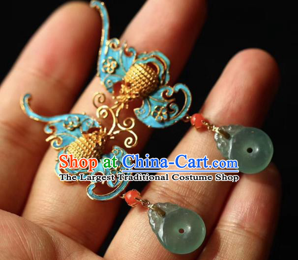 China Handmade Blueing Bat Ear Accessories Traditional Qing Dynasty Court Earrings