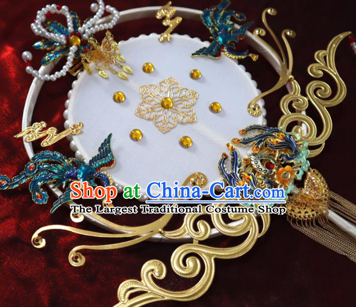 China Classical Hanfu Bride Fan Traditional Wedding Golden Tassel Circular Fan Handmade Blueing Phoenix Palace Fan