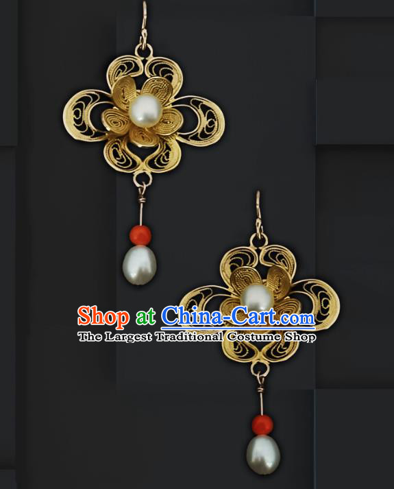 China Traditional Cheongsam Golden Flower Earrings Handmade Qing Dynasty Pearls Ear Accessories