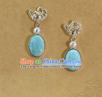 China Traditional Cheongsam Silver Chrysanthemum Earrings Handmade Kallaite Ear Accessories