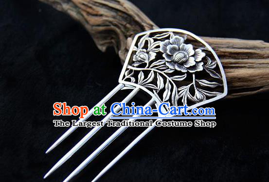 Chinese National Silver Hair Comb Cheongsam Carving Peony Hairpin Traditional Hair Accessories