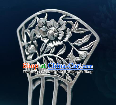 Chinese National Silver Hair Comb Cheongsam Carving Peony Hairpin Traditional Hair Accessories
