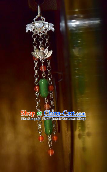 China Handmade Silver Lotus Ear Accessories Traditional Cheongsam Jadeite Tassel Earrings