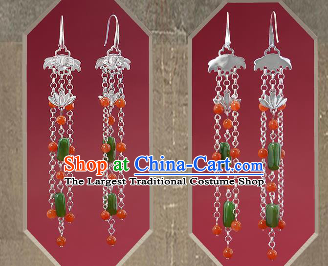 China Handmade Silver Lotus Ear Accessories Traditional Cheongsam Jadeite Tassel Earrings