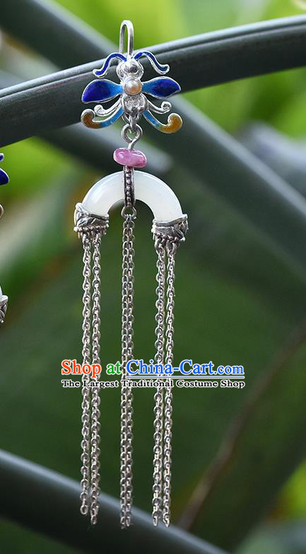 China Handmade Silver Tassel Ear Accessories Traditional Cheongsam Cloisonne Dragonfly Jade Earrings