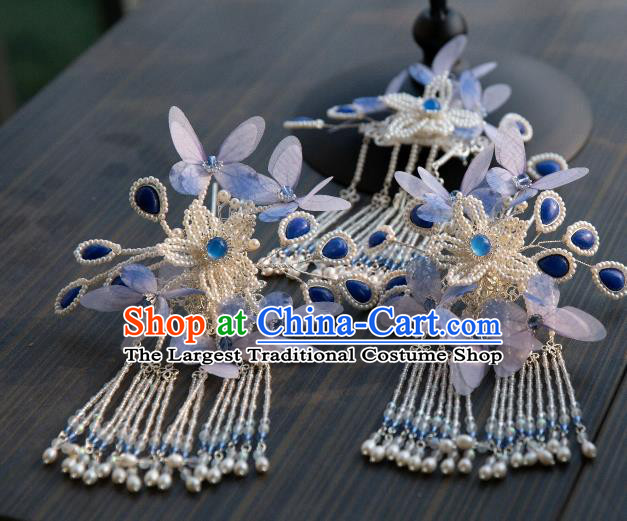Chinese Traditional Ming Dynasty Hair Accessories Ancient Princess Blue Butterfly Pearls Tassel Hairpin