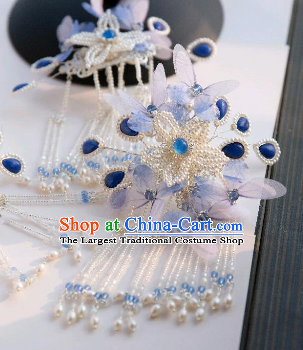 Chinese Traditional Ming Dynasty Hair Accessories Ancient Princess Blue Butterfly Pearls Tassel Hairpin
