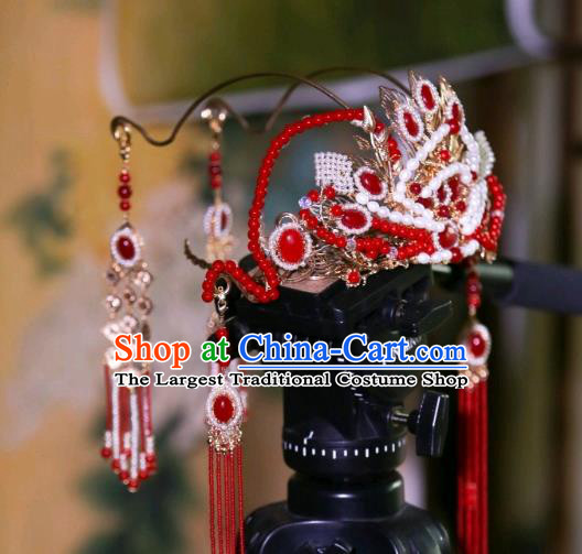 Chinese Ancient Princess Red Tassel Hair Crown Traditional Tang Dynasty Wedding Hair Accessories