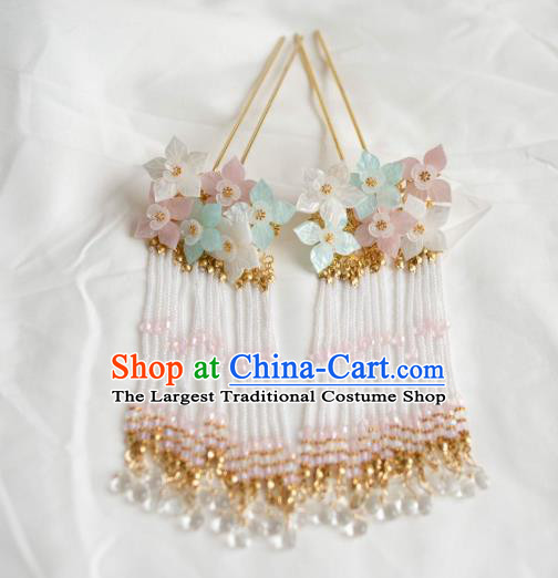 Chinese Ancient Princess Beads Tassel Hair Stick Traditional Ming Dynasty Palace Lady Shell Flowers Hairpin
