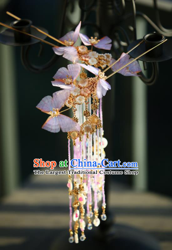 Chinese Traditional Ming Dynasty Lilac Silk Butterfly Hairpin Ancient Princess Beads Tassel Hair Stick