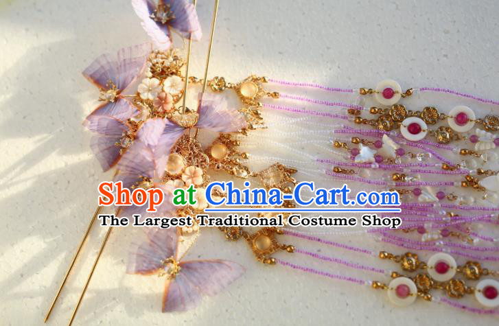 Chinese Traditional Ming Dynasty Lilac Silk Butterfly Hairpin Ancient Princess Beads Tassel Hair Stick