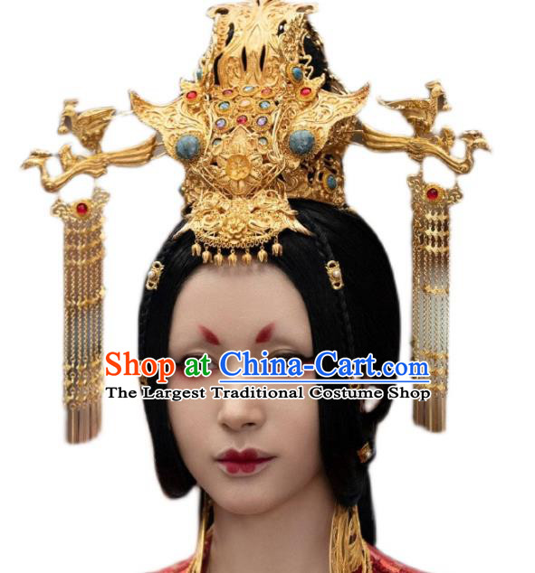 Chinese Ancient Imperial Empress Golden Hair Crown and Tassel Hairpins Movie Qing Ya Ji Princess Changping Headwear