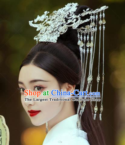 Chinese Drama Sansheng Sanshi Pillow Headwear Ancient Queen Goddess Bai Qian Wedding Argent Tassel Hair Crown