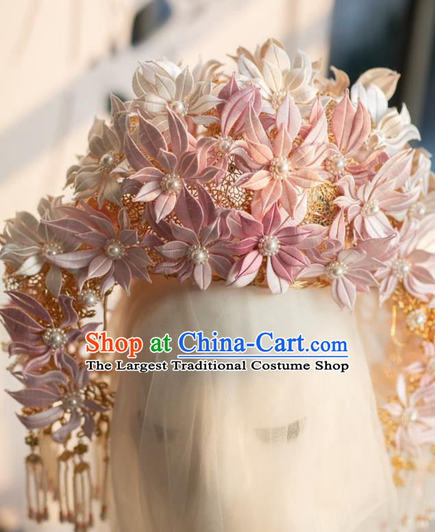 Chinese Ancient Court Lady Pink Flowers Hair Crown Traditional Song Dynasty Imperial Concubine Hair Accessories