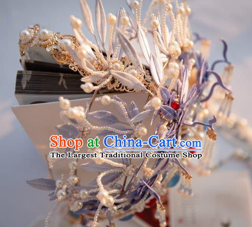 Chinese Traditional Song Dynasty Court Pearls Tassel Hair Accessories Ancient Imperial Concubine Lilac Silk Flowers Hair Crown