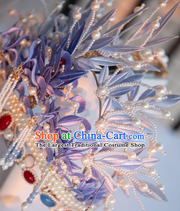 Chinese Traditional Song Dynasty Court Pearls Tassel Hair Accessories Ancient Imperial Concubine Lilac Silk Flowers Hair Crown