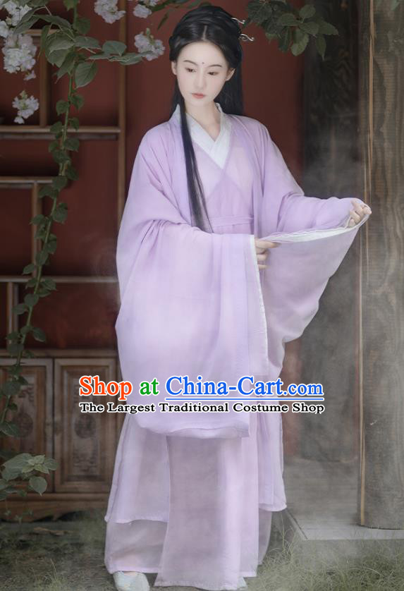 China Ancient Fairy Lilac Chiffon Hanfu Dress Traditional Jin Dynasty Young Beauty Historical Clothing