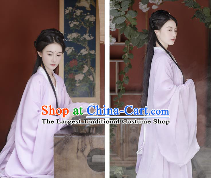 China Ancient Fairy Lilac Chiffon Hanfu Dress Traditional Jin Dynasty Young Beauty Historical Clothing