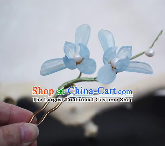 Chinese Ancient Palace Lady Hairpin Traditional Hanfu Blue Orchids Hair Stick