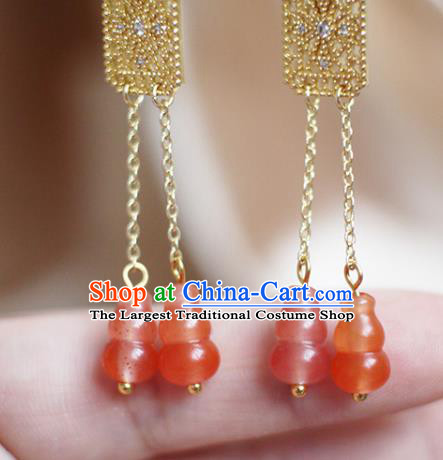 China Handmade Agate Gourd Tassel Earrings Traditional Ming Dynasty Empress Ear Jewelry