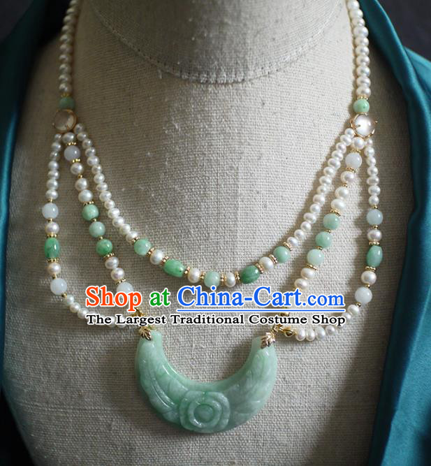 Chinese Traditional Ming Dynasty Jade Carving Necklace Accessories Ancient Princess Pearls Necklet