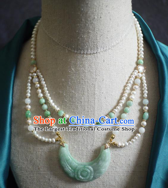 Chinese Traditional Ming Dynasty Jade Carving Necklace Accessories Ancient Princess Pearls Necklet