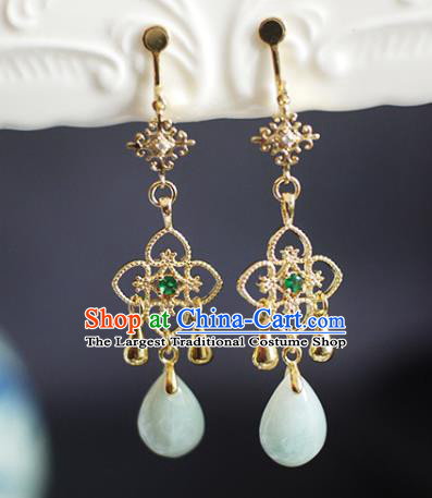 China Handmade Jadeite Earrings Traditional Ming Dynasty Golden Clover Ear Jewelry