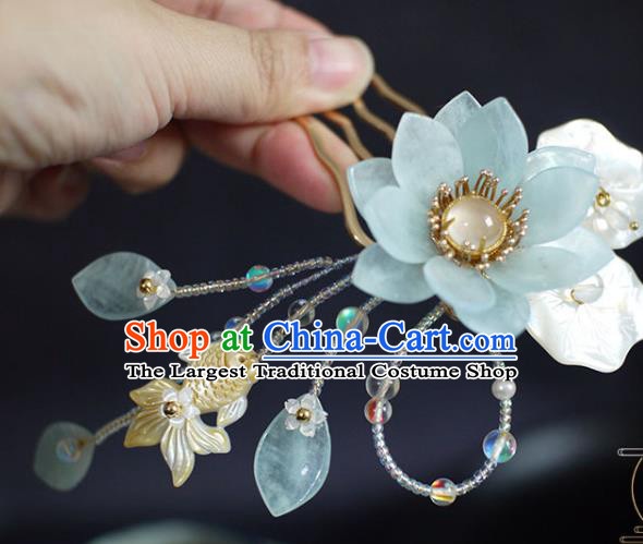 Chinese Ancient Princess Beads Shell Goldfish Hairpin Traditional Ming Dynasty Aquamarine Lotus Hair Comb