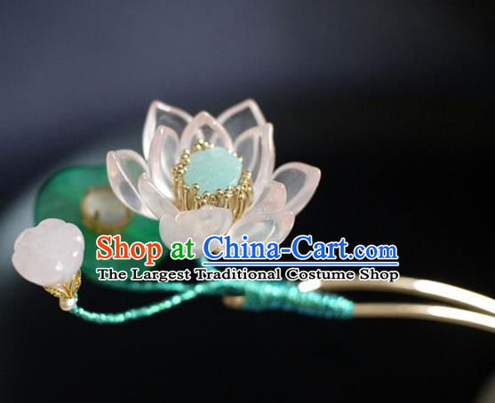 Chinese Traditional Ming Dynasty Pink Lotus Hair Stick Ancient Princess Jade Leaf Hairpin