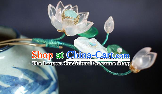 Chinese Ancient Princess Shell Hairpin Traditional Ming Dynasty Pink Lotus Hair Stick