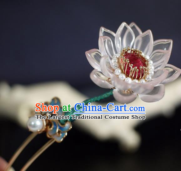 Chinese Traditional Ming Dynasty Lotus Pearls Hair Stick Ancient Princess Blue Beads Tassel Hairpin