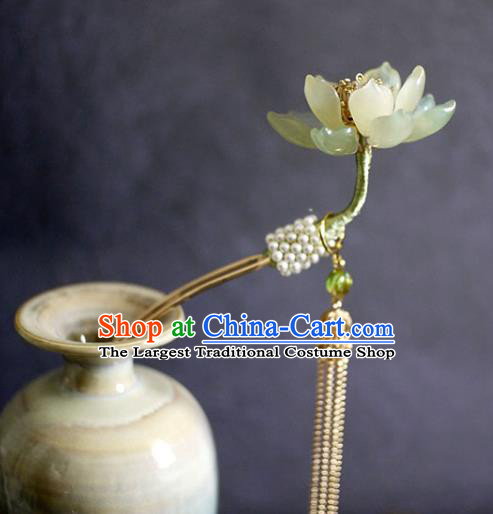 Chinese Ancient Princess Jade Lotus Tassel Hairpin Traditional Ming Dynasty Pearls Hair Stick