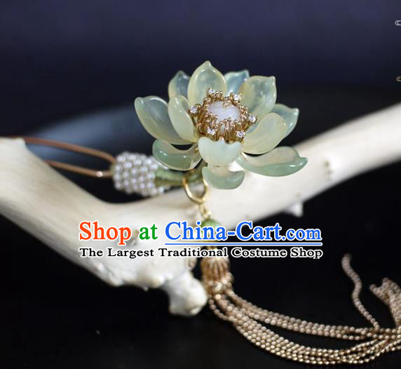 Chinese Ancient Princess Jade Lotus Tassel Hairpin Traditional Ming Dynasty Pearls Hair Stick